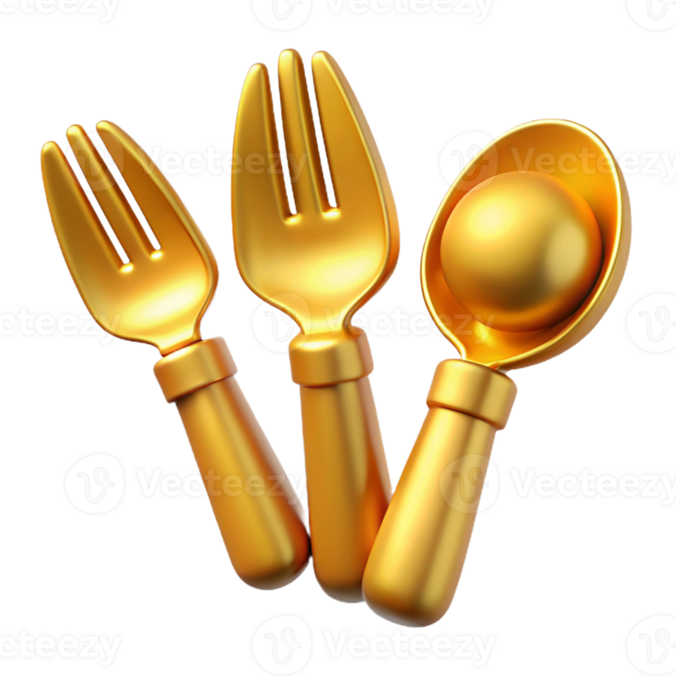 Golden Utensil Set Fork, Spoon, 3D Design png