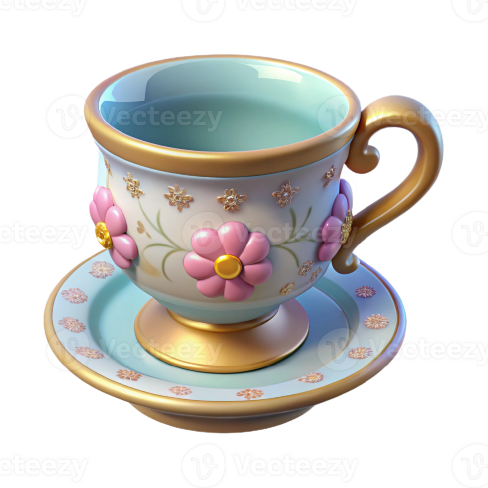 3D Illustration of a Teacup and Saucer with Floral Design png