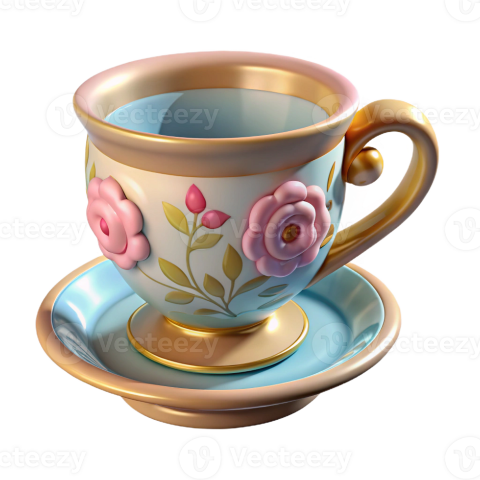 3D Render of a Floral Teacup and Saucer png