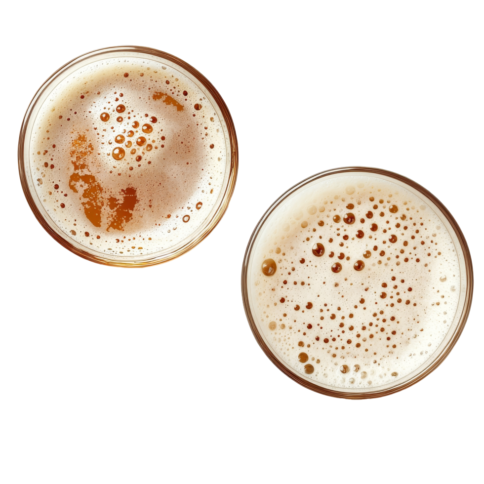 Top and side views of frothy beer in two glasses showcasing bubbles and rich golden color, Glass of Beer, Top View and Side View, Frothy Beverage, Isolated on transparent background Background png