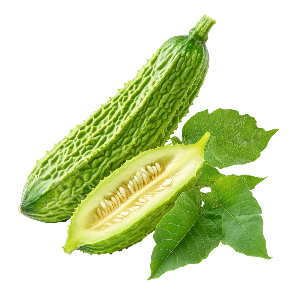 Fresh bitter melon and green leaves isolated on a transparent background for natural food use, Bitter Melon with leaf isolated on transparent background png