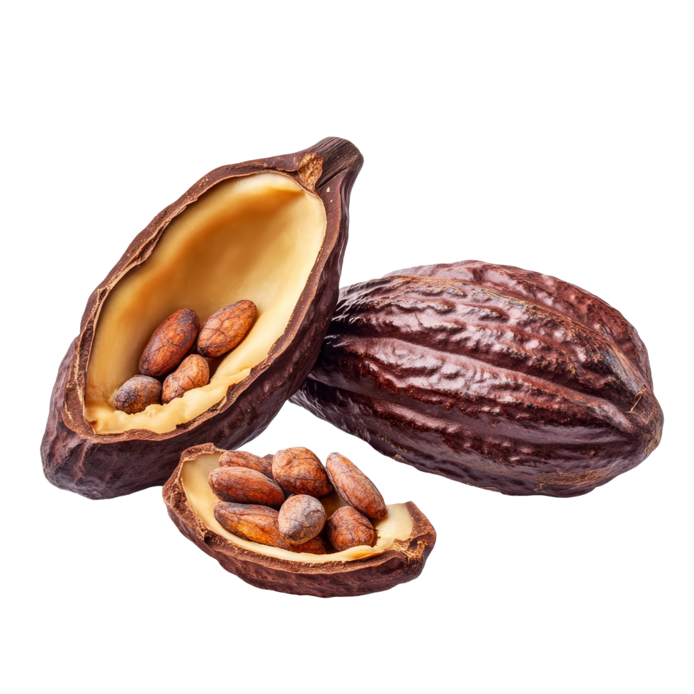 Cocoa fruits with opened pods showcasing cocoa beans on a transparent background, ripe cocoa fruits isolated on transparent background png