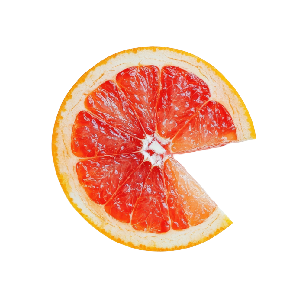 Fresh grapefruit slice with vibrant pink flesh and bright orange rind on a clean transparent background, Grapefruit piece on transparent background png
