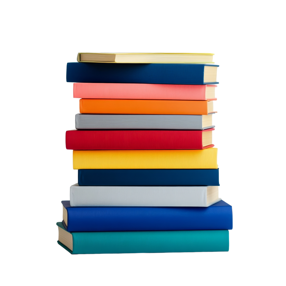 Colorful stack of books of various sizes arranged neatly against a transparent background for a vibrant display, Stack colorful books of varying sizes isolated on transparent background png