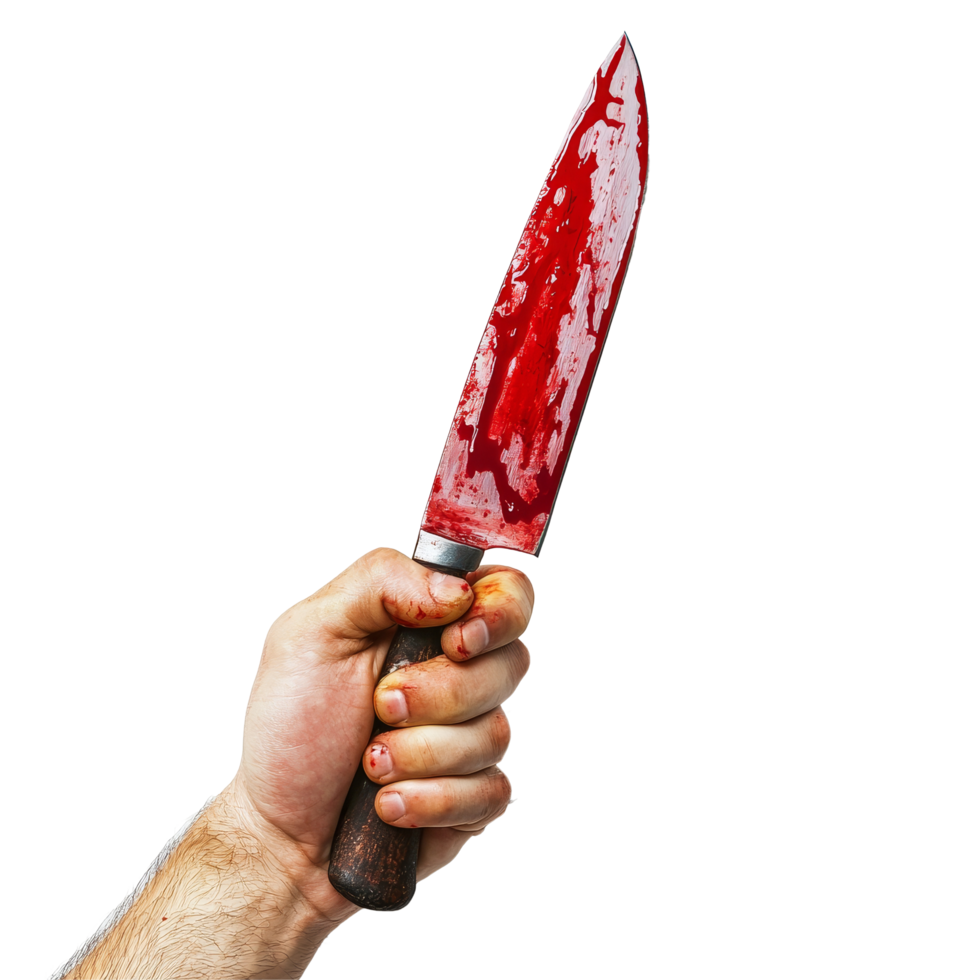 A hand gripping a bloodied knife against a plain transparent background emphasizing tension and danger in a surreal context, Hand Holding Bloody Knife on transparent background png