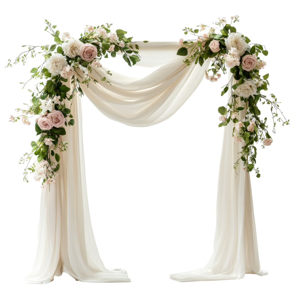Beautiful wedding arch adorned with spring flowers and transparent fabric, perfect for outdoor ceremonies, Draped wedding arch with spring flowers and transparent fabric isolated on transparent background png
