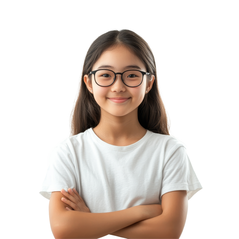 Happy young Asian student girl with glasses smiling confidently against a plain background, Portrait Happy Young Asian student girl standing isolated transparent background png