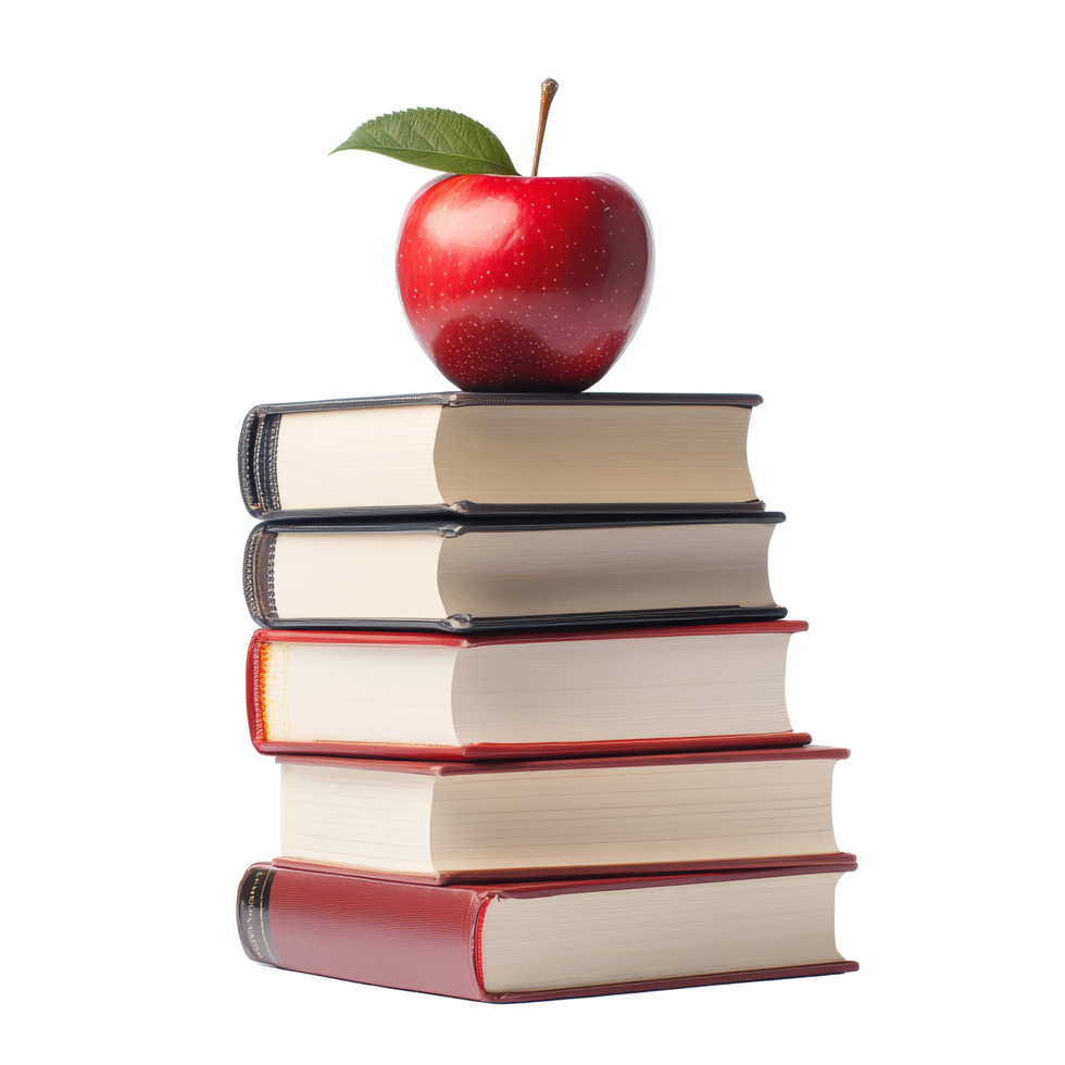 A stack of elementary books topped with a red apple isolated on a clean transparent background for educational themes, Elementary Book Stack with Apple Isolated on transparent Background Student life concept png