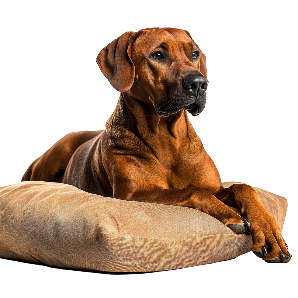 Rhodesian Ridgeback dog relaxing on a soft cushion in a cozy indoor setting, Rhodesian Ridgeback Dog Relaxing on Cushion Isolated on transparent background png