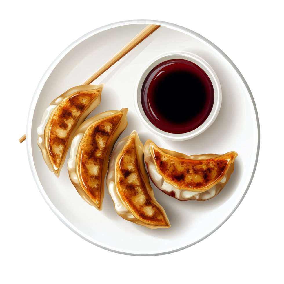 Deliciously prepared gyoza served with dipping sauce on a transparent plate, ideal for a Japanese cuisine experience, Gyoza japanese food Isolated transparent background png