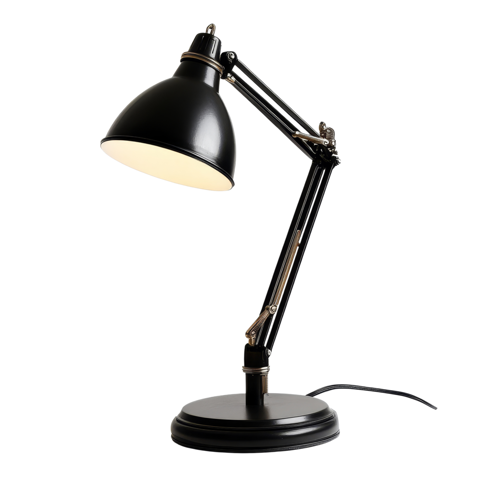 Black desk lamp with adjustable arm set against a transparent background for enhanced visibility, black desk lamp isolated on transparent backgroundfile png