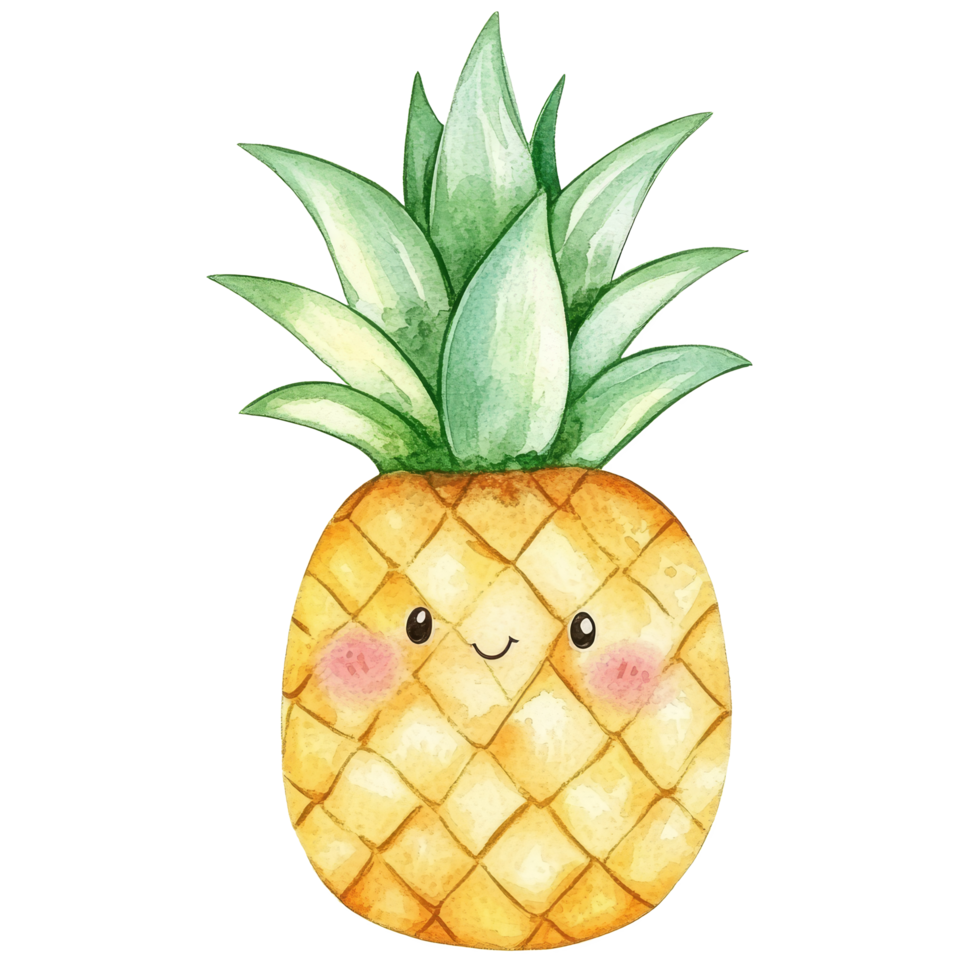 Cute cartoon pineapple in watercolor style against a clean transparent background, highlighting a playful design, cute cartoon pineapple on a transparent background png