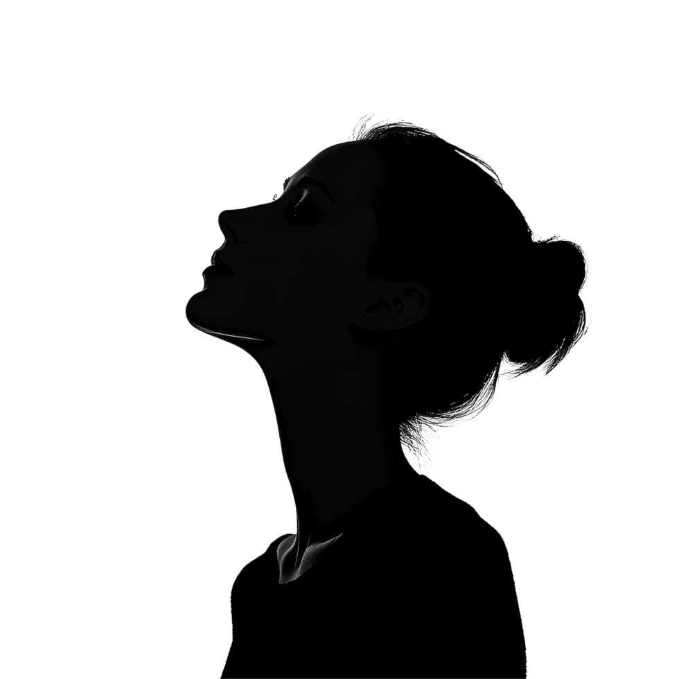 A graceful silhouette of a woman with a bun against a transparent background highlighting her elegant profile, Silhouette of a woman on transparent background png