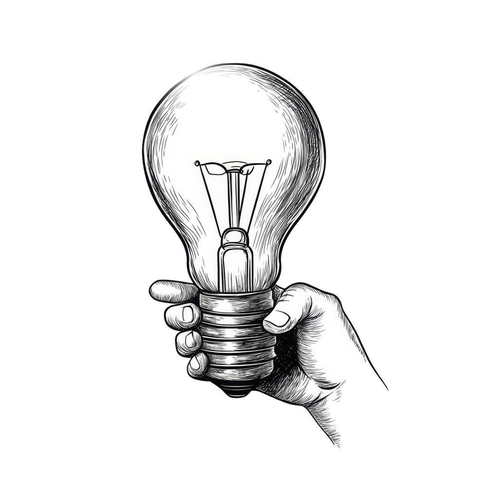 A glowing light bulb held in a hand drawn style showcasing creativity and illumination in a minimalistic design, glowing light bulb in hand drawn style isolated on transparent background png
