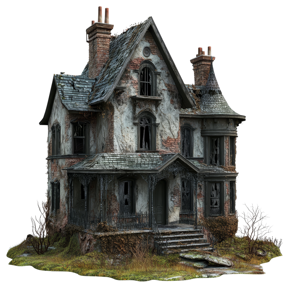 Haunted abandoned mansion perfect for Halloween decorations in a spooky setting, abandoned dilapidated house mansion for halloween, file of isolated object on transparent background png