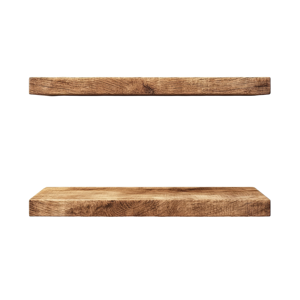 Stylish wooden wall shelves for home decoration and organization against a clean transparent background, Two wooden wall shelves isolated on transparent background png