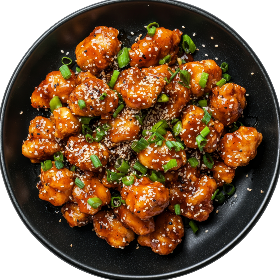 Delicious sesame chicken served on a black plate with green onions, showcasing a vibrant meal for any occasion, Sesame chicken on black plate, top view, isolated transparent background png