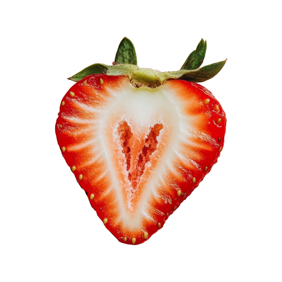 Freshly sliced half strawberry showcasing vibrant red color and unique inner texture against a light background, Half sliced strawberry png