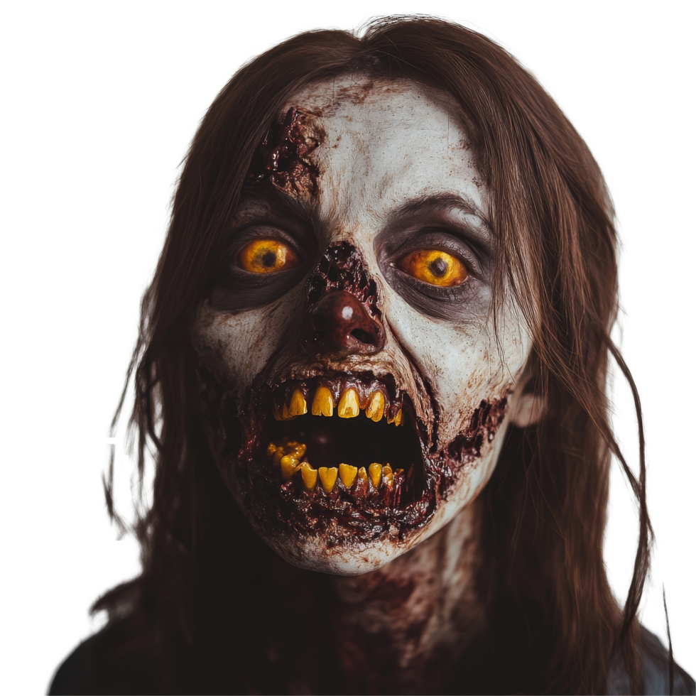 A female zombie with yellow teeth and haunting eyes stands against a plain background, capturing a chilling expression, Portrait of a Female Zombie with Yellow Teeth on transparent background png