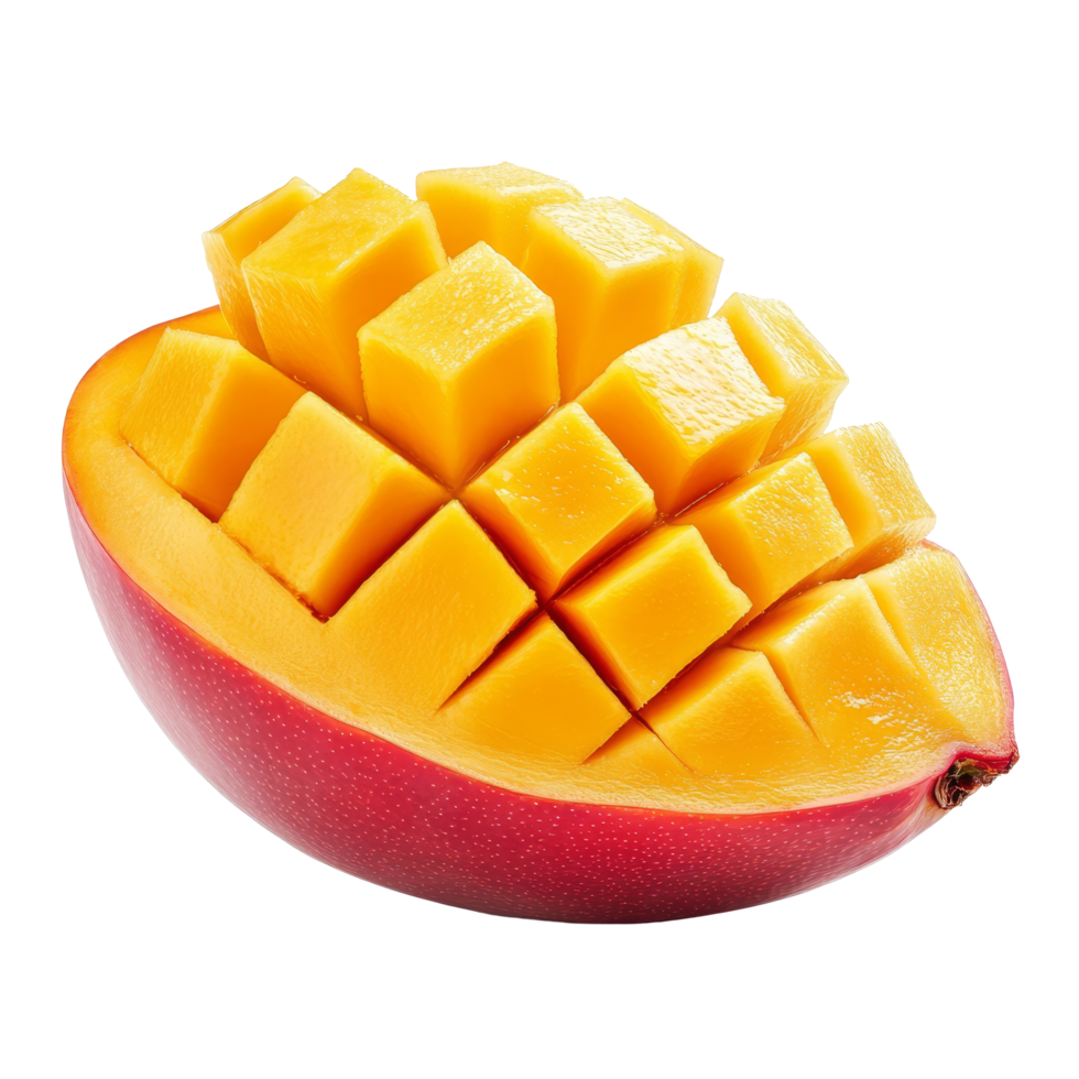 Fresh mango half with juicy cubes on a clean transparent background, perfect for culinary uses or healthy snacking, Fresh mango half isolated on transparent background png