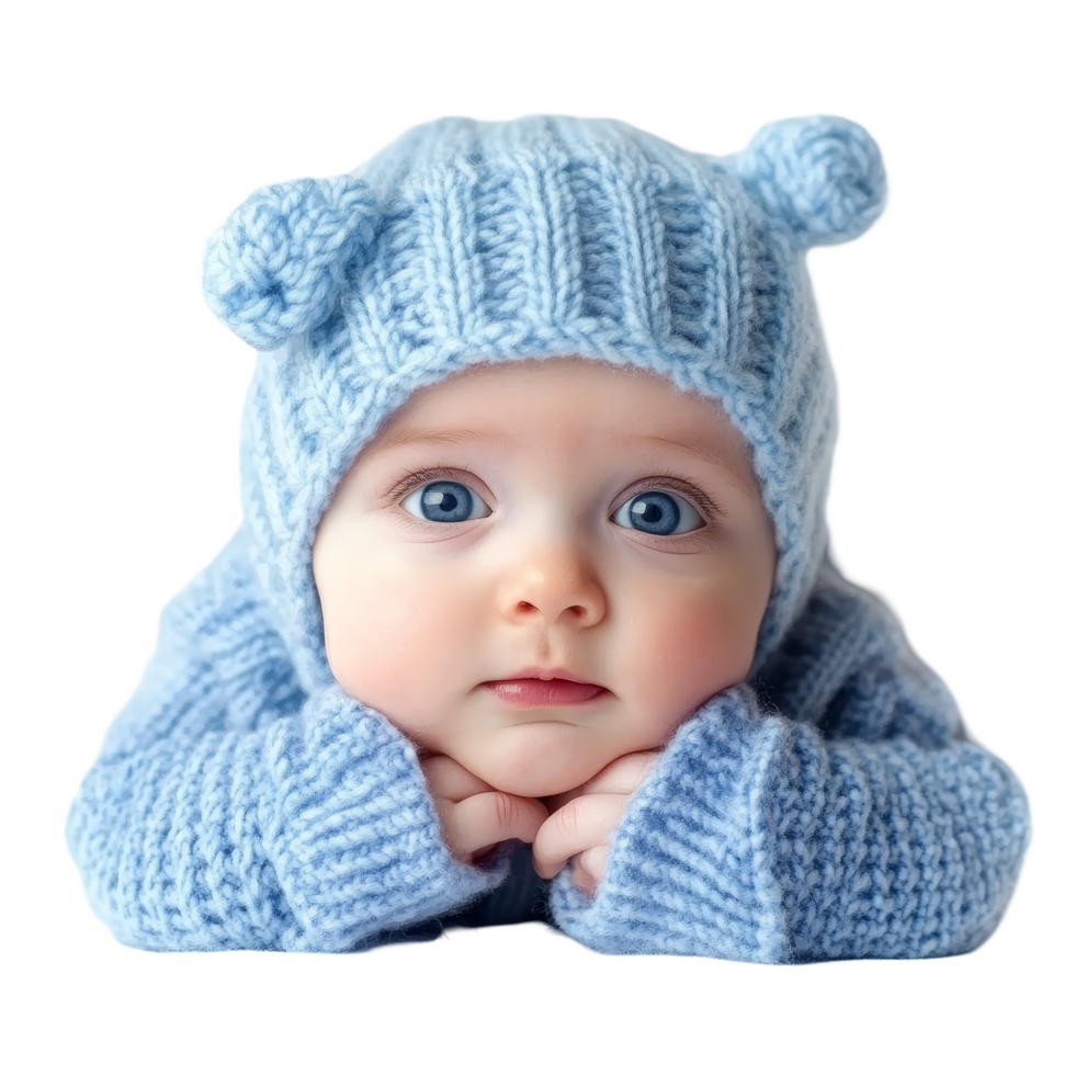 Cute baby wearing a cozy blue knitted hat resting on transparent background, Baby cos isolated on transparent background png