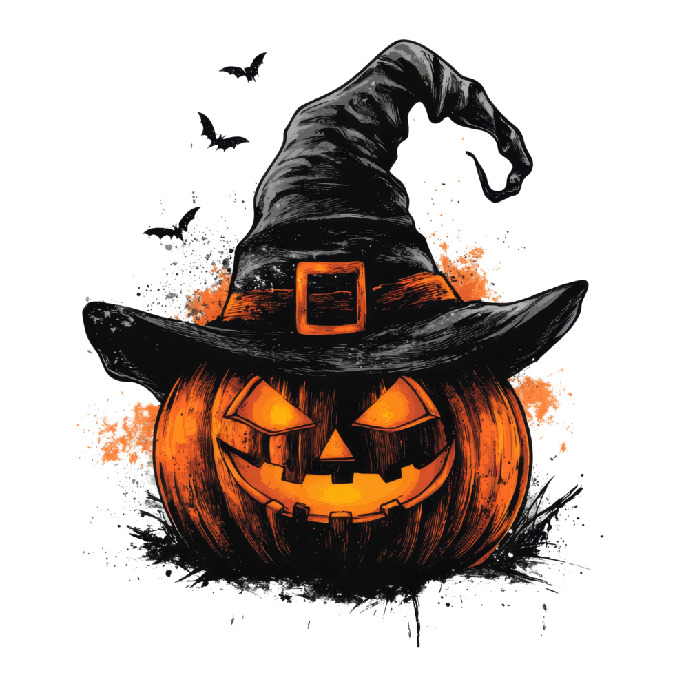 Stylish Halloween t shirt design featuring a spooky pumpkin and witch hat on a transparent background, Halloween tshirt design icon on transparent background png