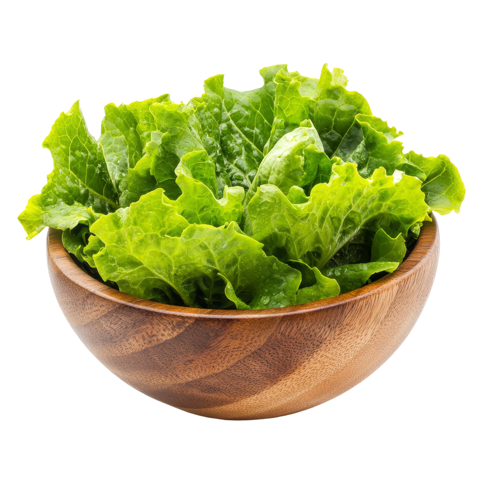 Fresh green lettuce leaves in a wooden bowl isolated on a transparent background for healthy eating concepts, Lettuce leaves in wood bowl isolated on transparent background png