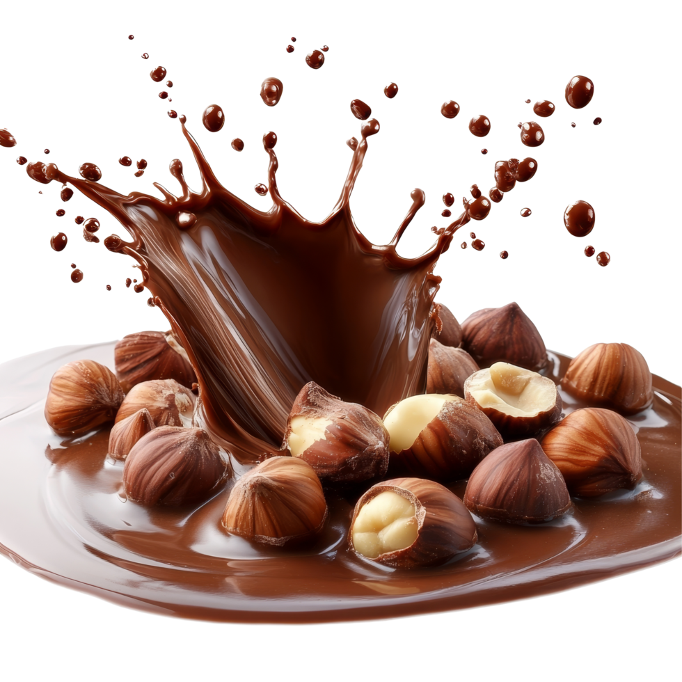 Hazelnuts splashing into a rich, velvety chocolate pool creating a delightful culinary moment, hazelnuts splashing into liquid chocolate isolated on transparent background png