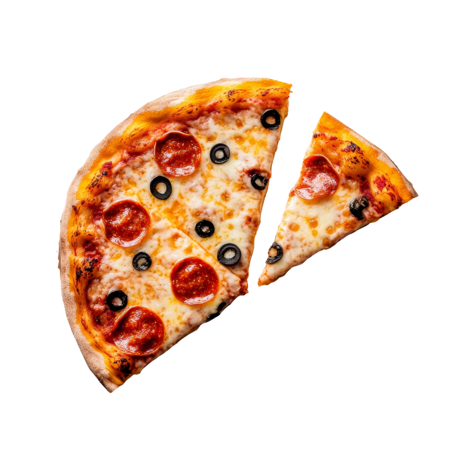 Delicious pepperoni pizza with olives on a clean transparent background, showcasing a fresh slice ready to enjoy, pizza on transparent background png