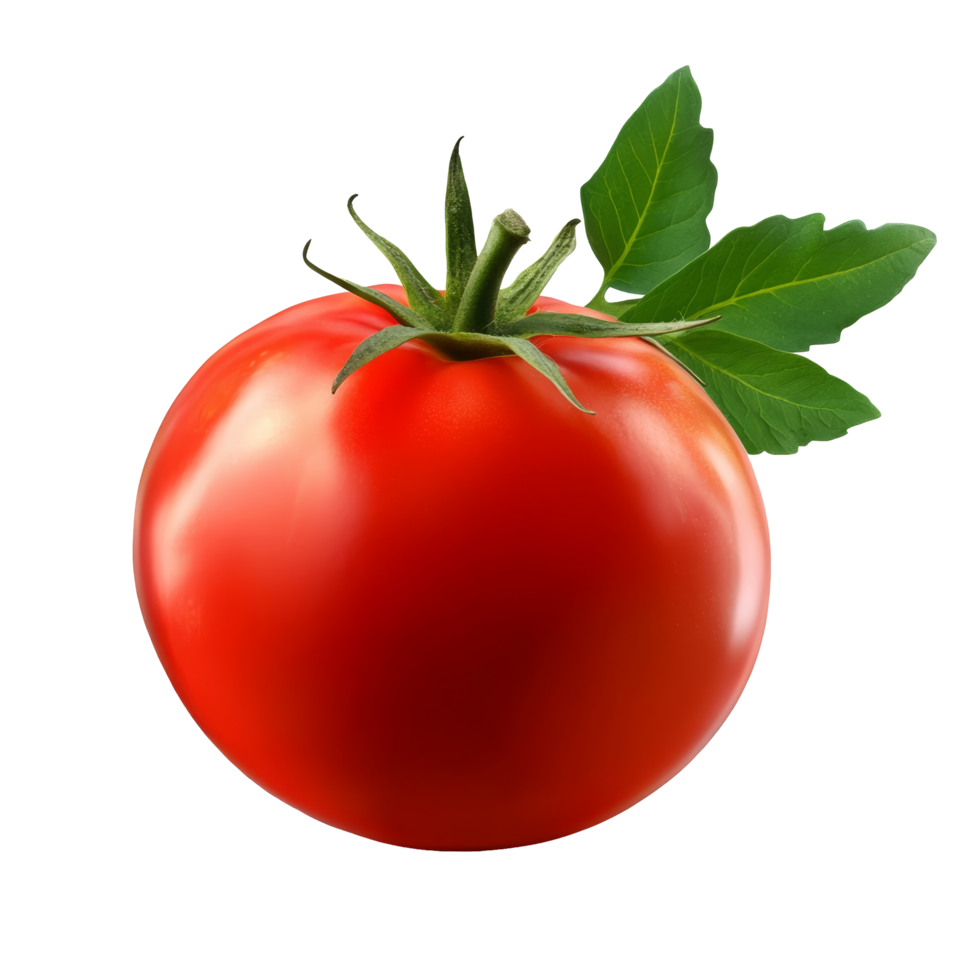 Freshly harvested red tomato with vibrant green leaves, isolated against a clean background for culinary use, Red tomato with leaves isolated png