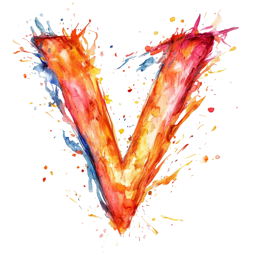 Colorful artistic representation of the consonant letter V surrounded by vibrant splashes on a light background, consonant letter v is used to make words on transparent backgroundfile png