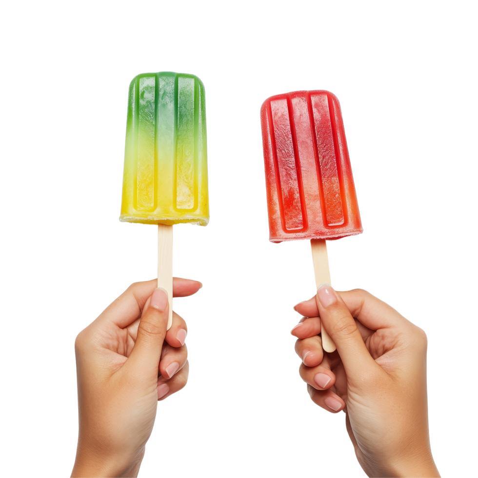 Hands hold colorful ice pops against a bright transparent background for a refreshing summer treat, Ice Pops Held by Hands on transparent background png