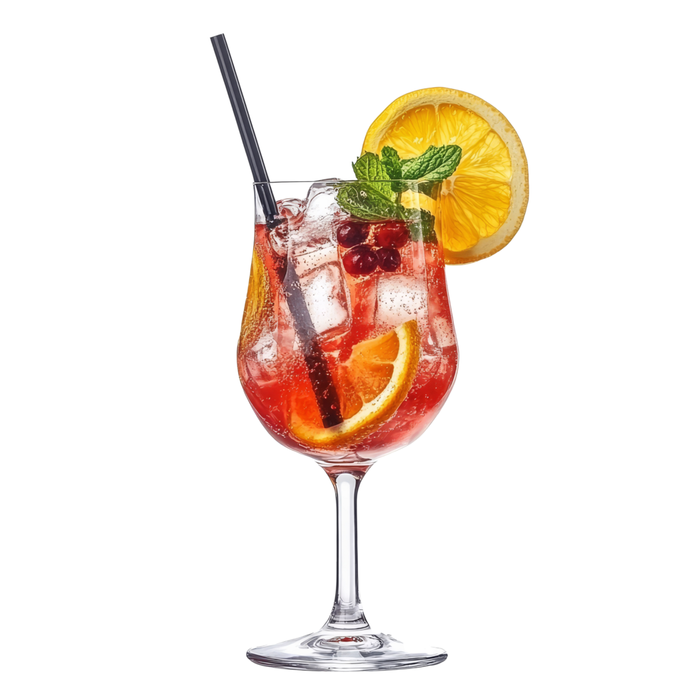 Refreshing summer cocktail garnished with citrus and mint on a bright transparent background, summer cocktail isolated on transparent background png