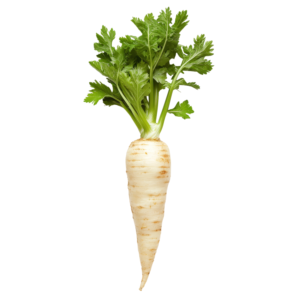 Fresh parsnip with green leaves on a bright transparent background, perfect for culinary uses and healthy dishes, Parsnip transparent background png
