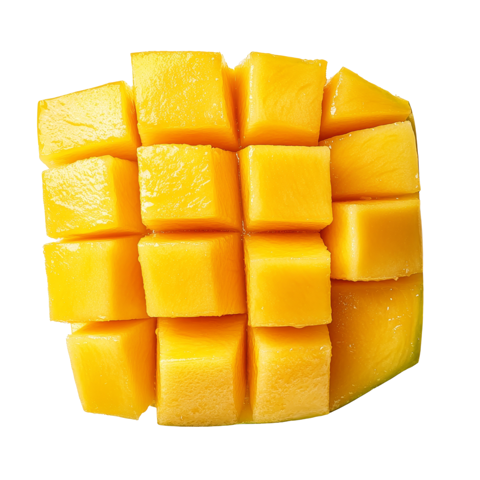 Fresh mango slice cut into cubes isolated on a transparent background for culinary use or healthy eating, Mango slice cut to cubes closeup isolated on transparent background png