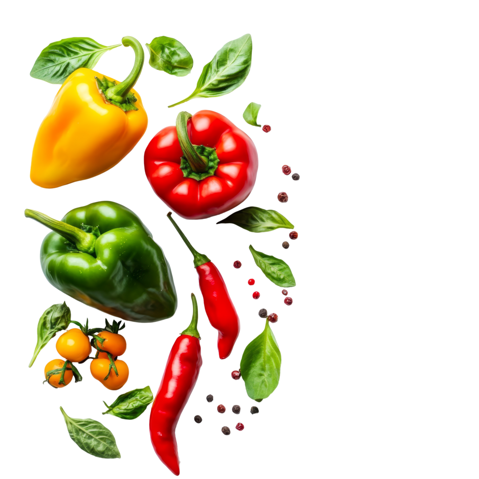 Freshly picked bell peppers and chili peppers with herbs on a clean transparent background for culinary inspiration, fresh peppers and leaf on transparent background png