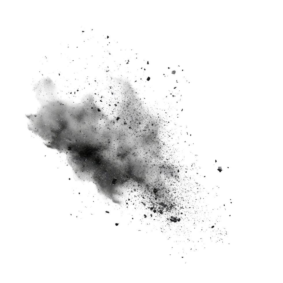 Flying debris and dust scatter across a transparent background, creating an abstract visual effect of movement and chaos, flying debris with dust isolated on transparent backgroud png