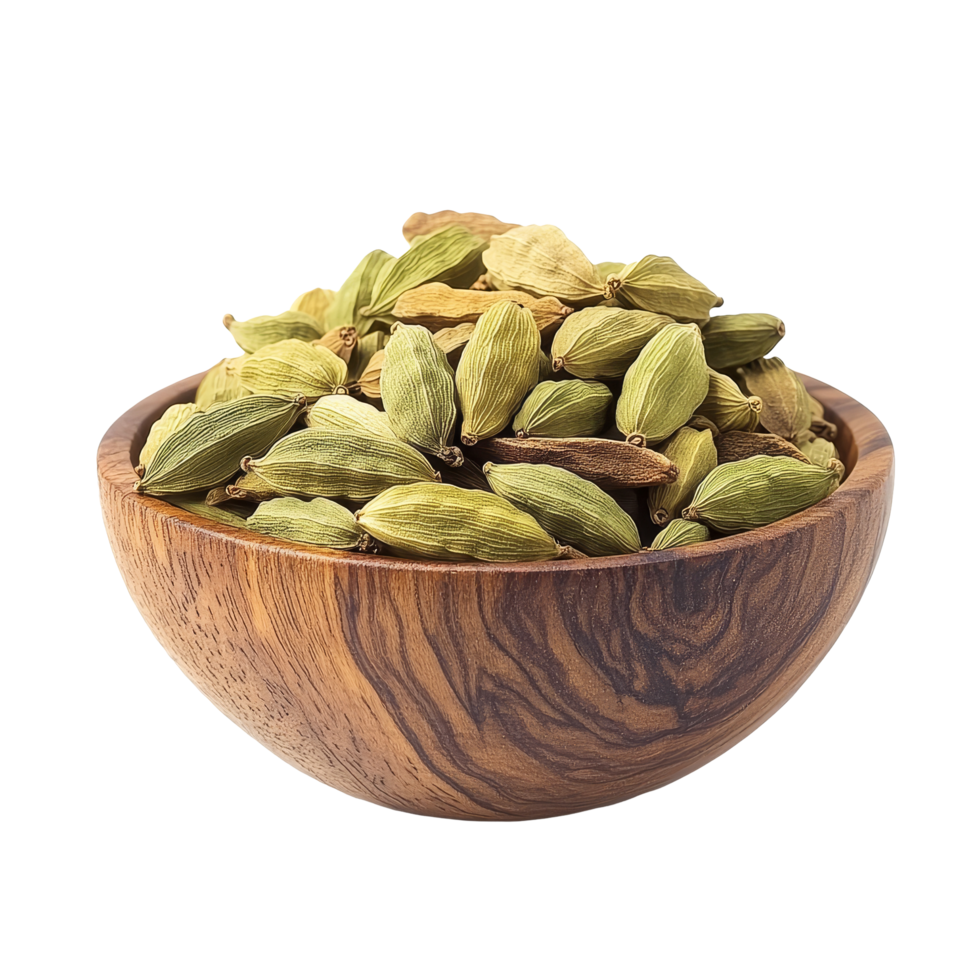 Cardamom seeds in a wooden bowl isolated on a transparent background showcasing natural spices and culinary ingredients, cardamom in wood bowl isolated on transparent background png