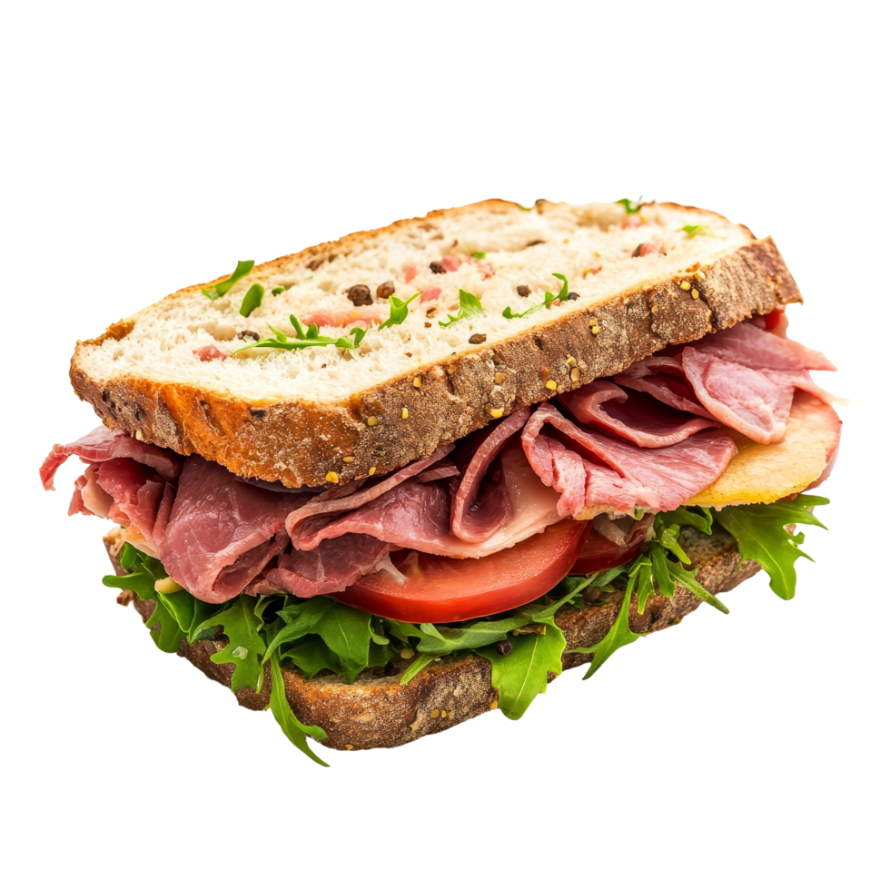 Delicious roast beef sandwich on whole grain bread with fresh vegetables, isolated on a clean transparent background, Sandwich made from roast beef isolated on transparent background png