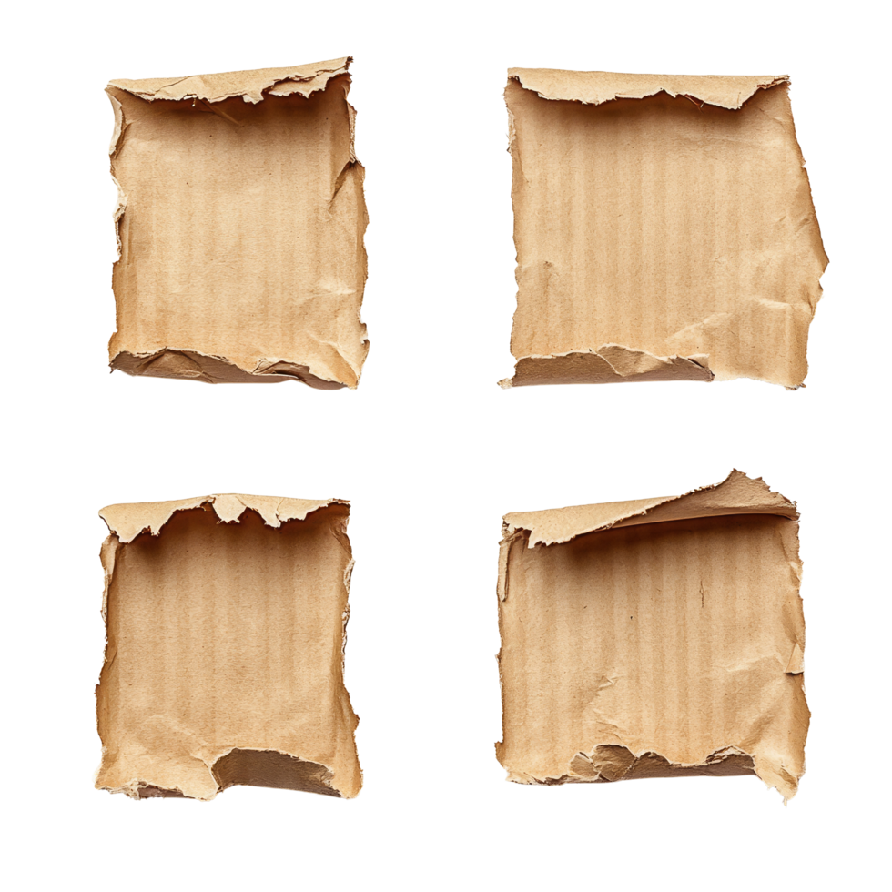 Torn pieces of corrugated paper arranged in a unique layout for labeling purposes, Torn pieces of corrugated paper used as label on transparent backgroundfile png