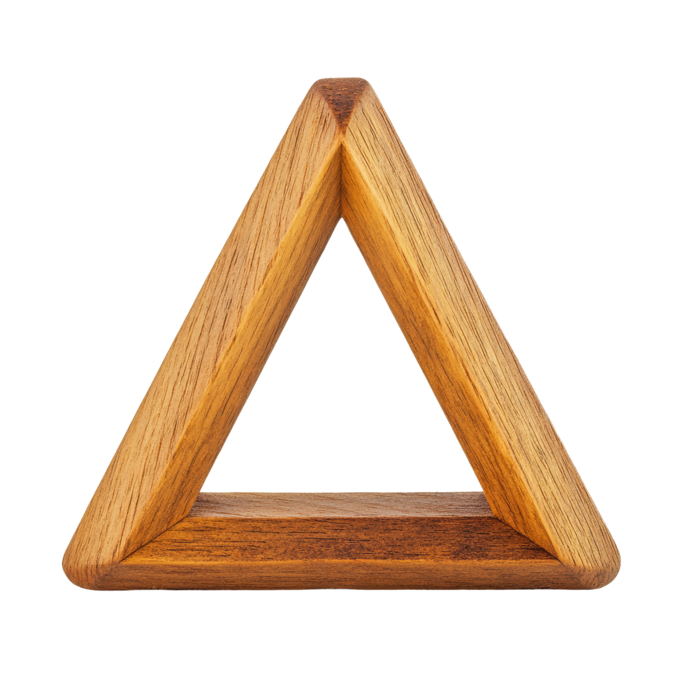 Elegant wooden triangular stand set against a clean transparent background for decorative or functional use, wooden in shape triangle on transparent backgroundfile png