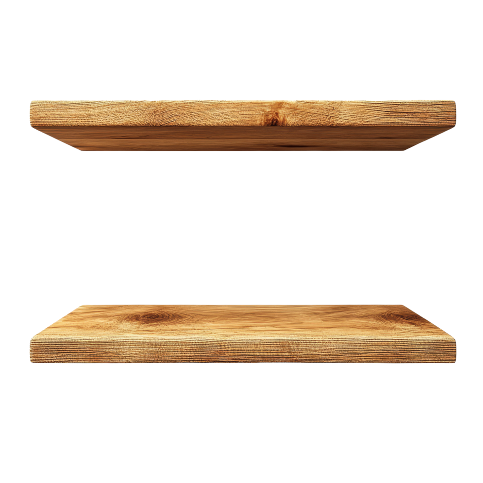 Two rustic wooden wall shelves design for modern interiors with clean lines and natural textures, Two wooden wall shelves isolated on transparent background png