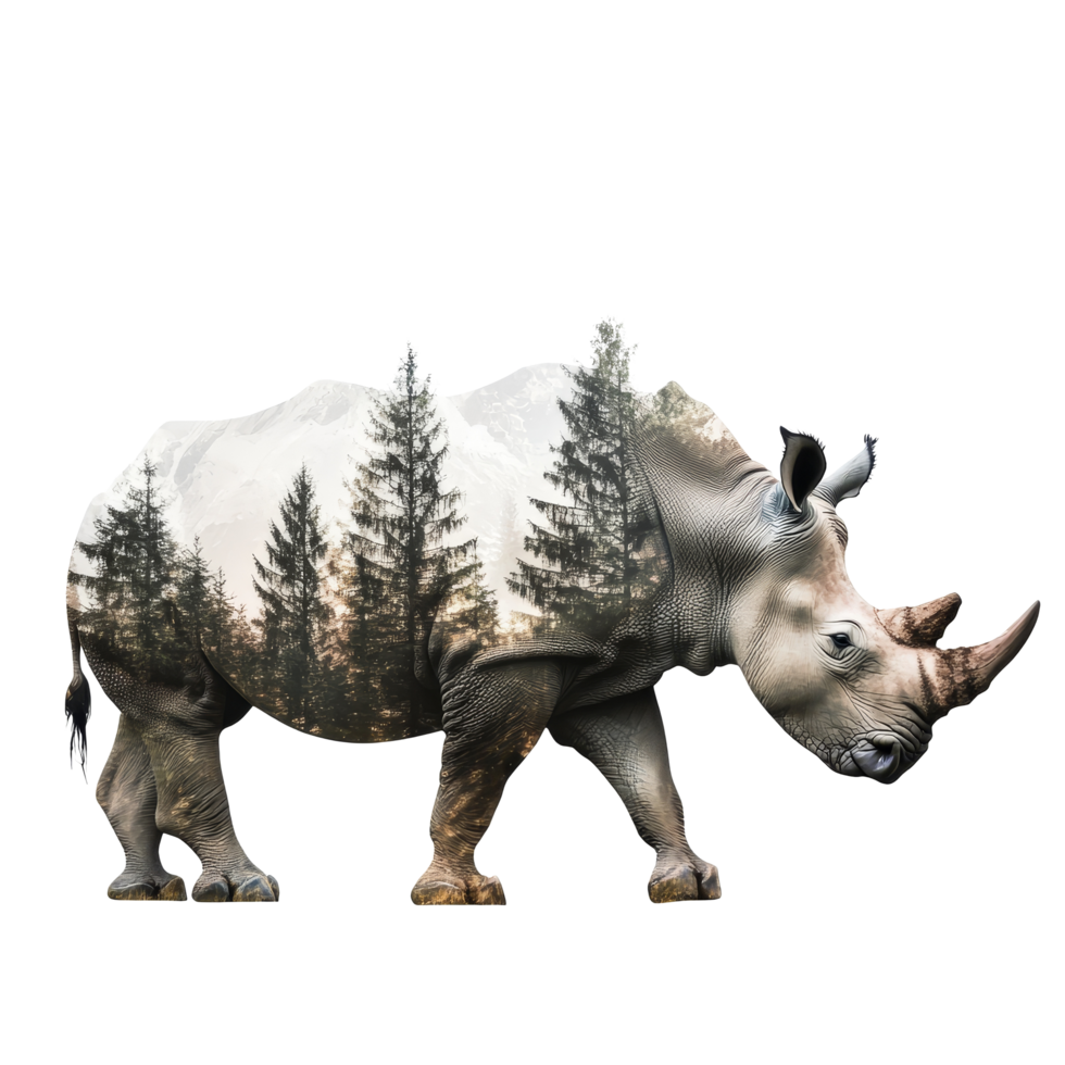 Powerful rhino with an enchanting forest backdrop captured through a double exposure technique, Rhino and forest double exposure, concept of power of the nature with transparent background png