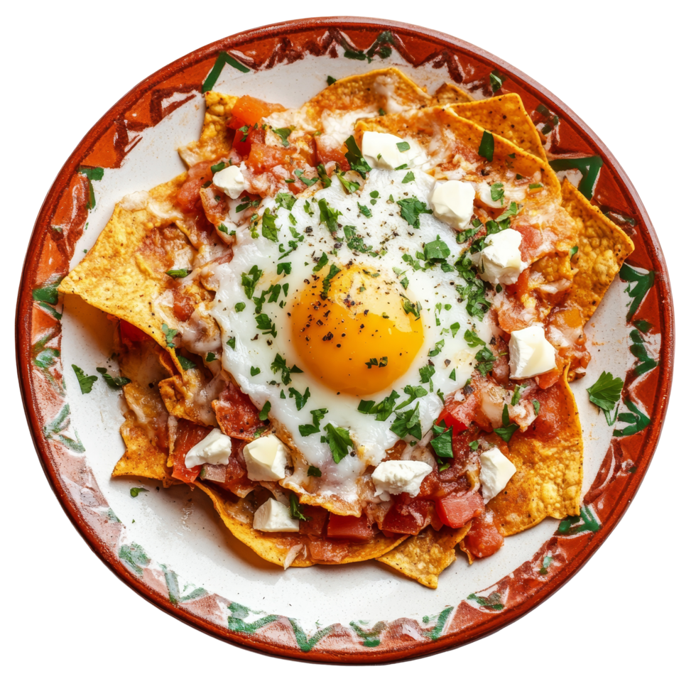 Delicious chilaquiles topped with a fried egg and fresh ingredients on a traditional Mexican plate, Chilaquiles on traditional mexican plate isolated on transparent background png