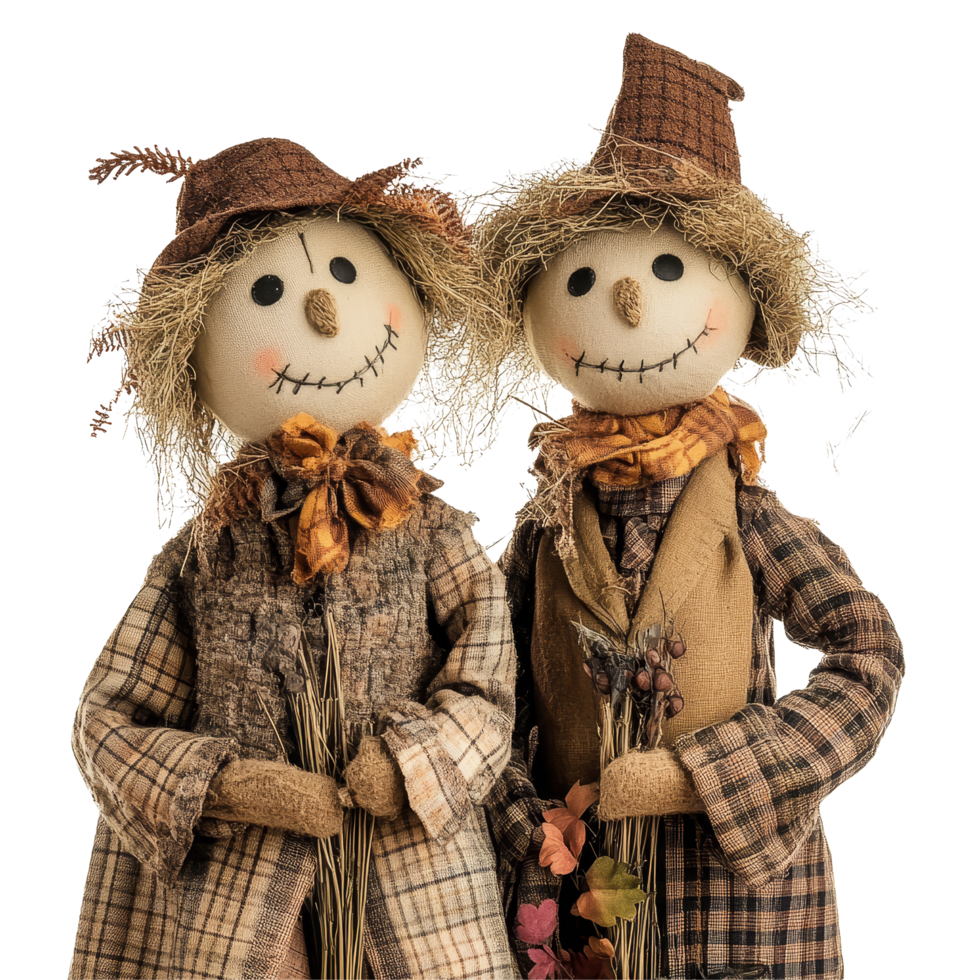 Two cheerful scarecrows in plaid and brown outfits stand together in a brightly lit setting ready for fall festivities, Two Scarecrows in Plaid and Brown Outfits, Isolated on transparent background png