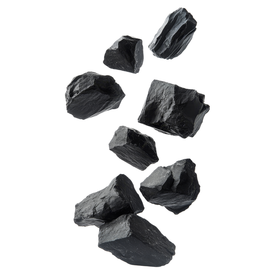 Black rocks levitate above a transparent surface creating an isolated floating visual on transparent, black rocks falling levitating flying, isolated on transparent background png
