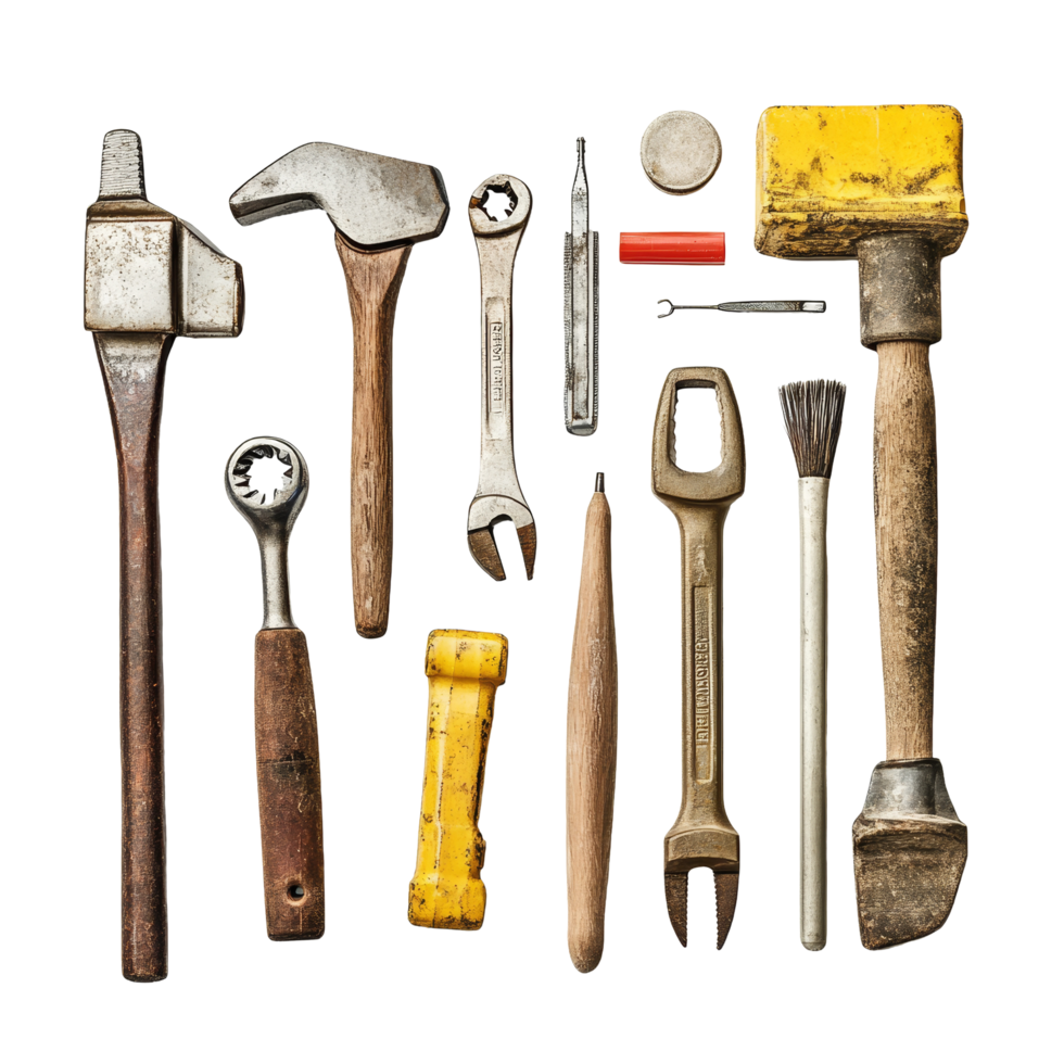 A variety of construction tools displayed on a neutral background, highlighting essential equipment for building and repair, Construction tools isolated Stock Photo png