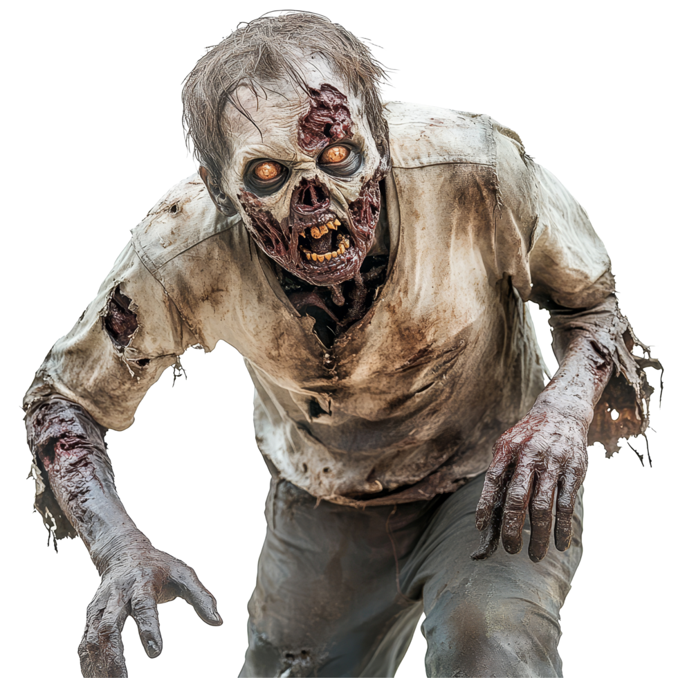 A terrifying zombie emerges from the shadows, showcasing its decayed features against a plain background, Scary Zombie isolated on transparent background png