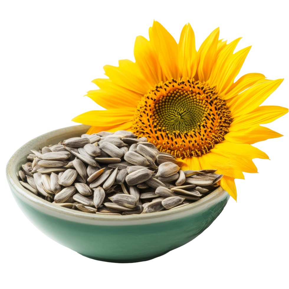 A bowl filled with sunflower seeds beside a vibrant sunflower on a transparent background, Sunflower seeds in a bowl on a flower on a transparent background png