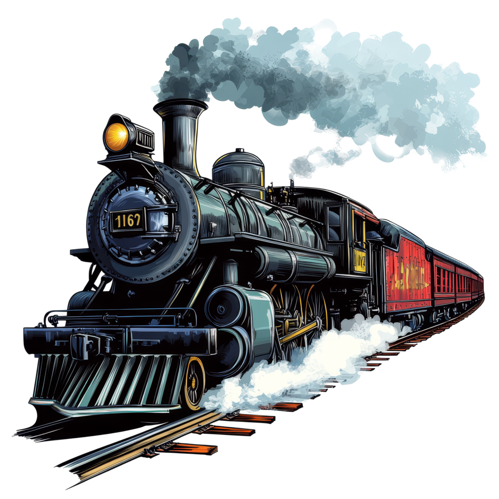 Vintage steam train in motion moving along rail tracks with smoke billowing against a transparent background, train in motion illustrationisolated on transparent background png